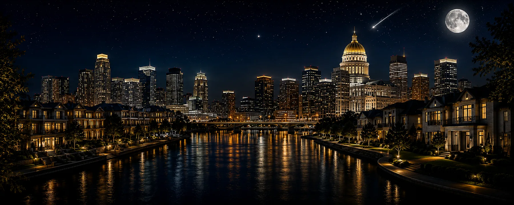 Louisville-inspired skyline, golden dome building, luxury homes, night sky, moon, and shooting star.